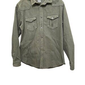 Zara Men's Denim Olive Green Relaxed Fit Distressed Button-Up Shirt L Cotton